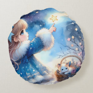 Whimsical Star Gazer Girl Watercolor Round Cushion