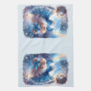 Whimsical Star Gazer Girl Watercolor Tea Towel