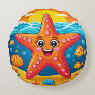 Whimsical Starfish Ocean Scene Colourful Coastal Round Cushion