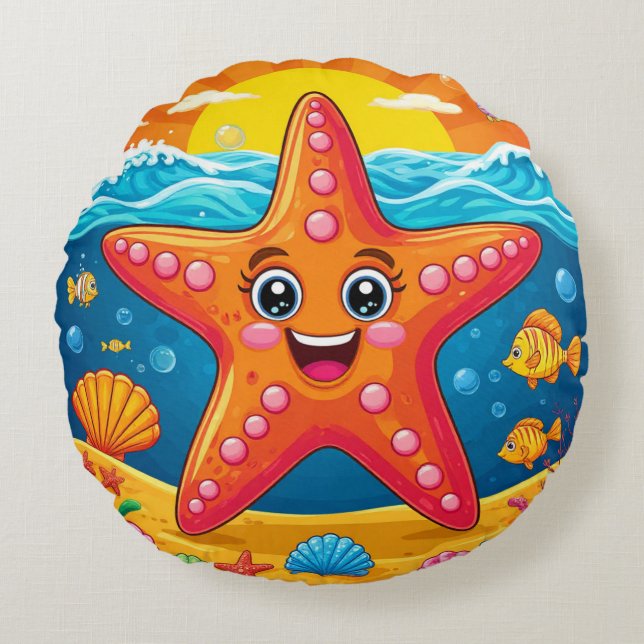 Whimsical Starfish Ocean Scene Colourful Coastal Round Cushion (Front)