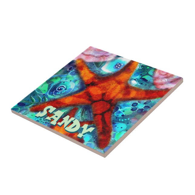 Whimsical Starfish Seashells Beach Personalised Ceramic Tile (Side)