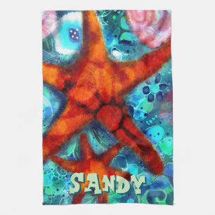 Whimsical Starfish Seashells Beach Personalised Tea Towel