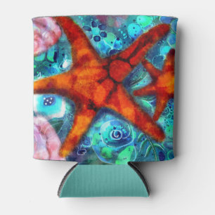 Whimsical Starfish Seashells Beach Teal Pink Can Cooler