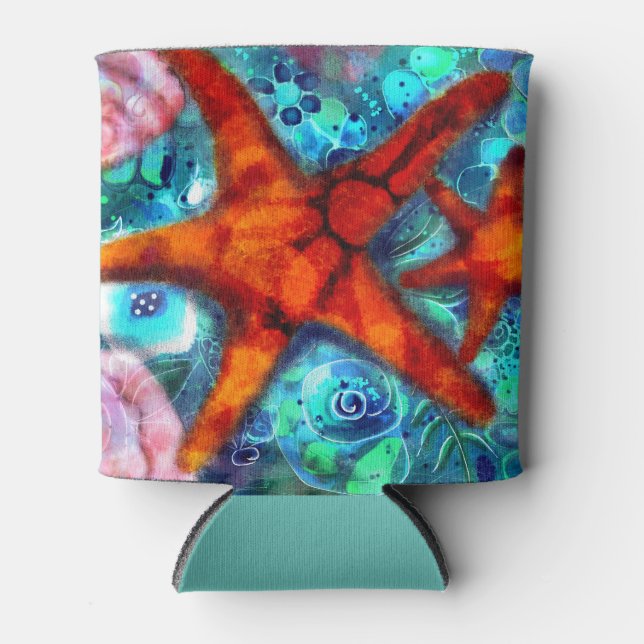 Whimsical Starfish Seashells Beach Teal Pink Can Cooler (Front)