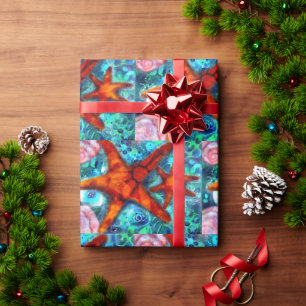 Whimsical Starfish Seashells Beach Teal Pink Wrapping Paper