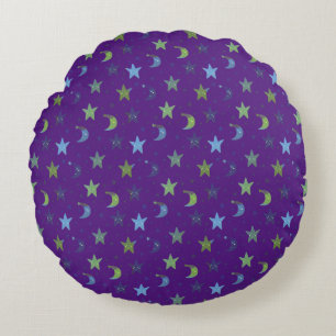 Whimsical Stars and Moons on Purple   Round Cushion