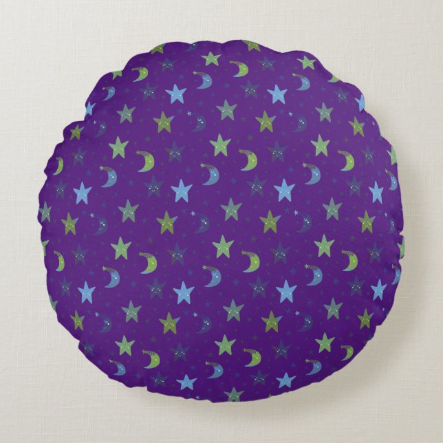 Whimsical Stars and Moons on Purple   Round Cushion (Front)