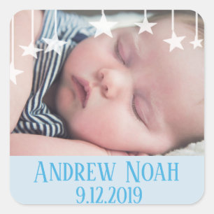 Whimsical Stars New Baby Name and Date Square Sticker