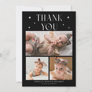 Whimsical Stars Photo Grid Black Birth Announcement