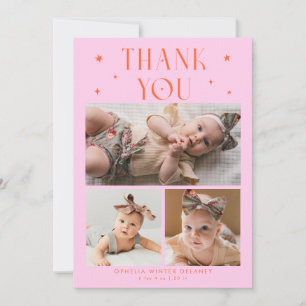 Whimsical Stars Photo Grid Orange Pink Birth Announcement