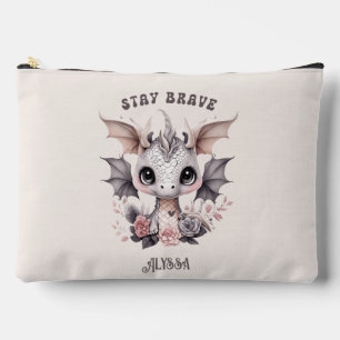 Whimsical "Stay Brave" Little Dragon with Flowers Accessory Pouch