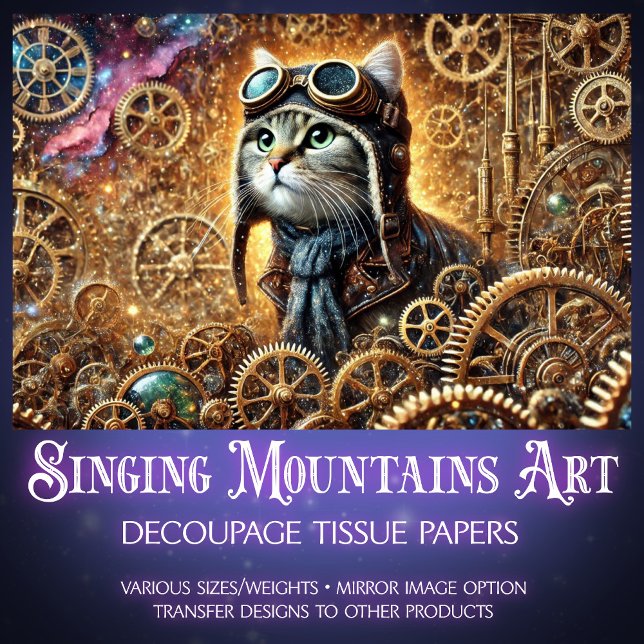 Whimsical Steampunk Cat Cosmic Journey Decoupage  Tissue Paper (Creator Uploaded)