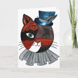 Whimsical Steampunk Cat in Top Hat Surreal Greetin Card
