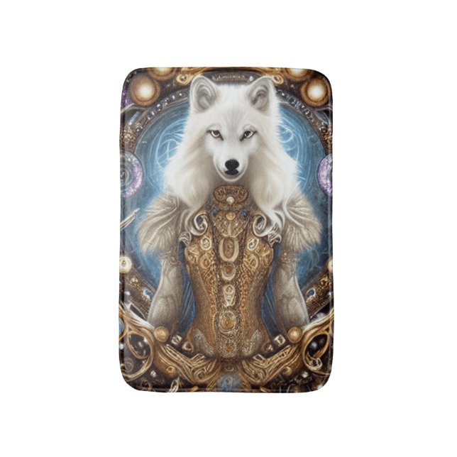 Whimsical steampunk charming white wolf  bath mat (Front Vertical)