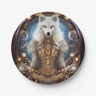 Whimsical steampunk charming white wolf  paper plate