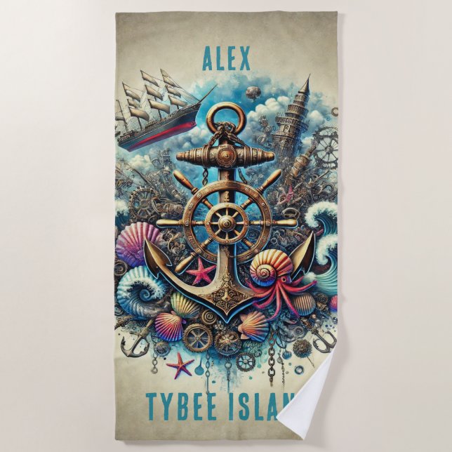 WHIMSICAL STEAMPUNK DEEP SHIPS WHEEL/ANCHOR BEACH TOWEL (Front)