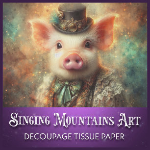 Whimsical Steampunk Pig in Top Hat Decoupage Tissue Paper
