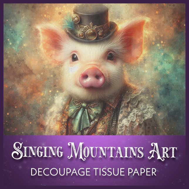  Whimsical Steampunk Pig in Top Hat Decoupage Tissue Paper (Creator Uploaded)