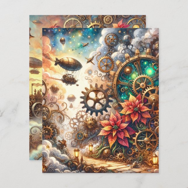 Whimsical Steampunk Poinsettia Scrapbook Paper (Front/Back)