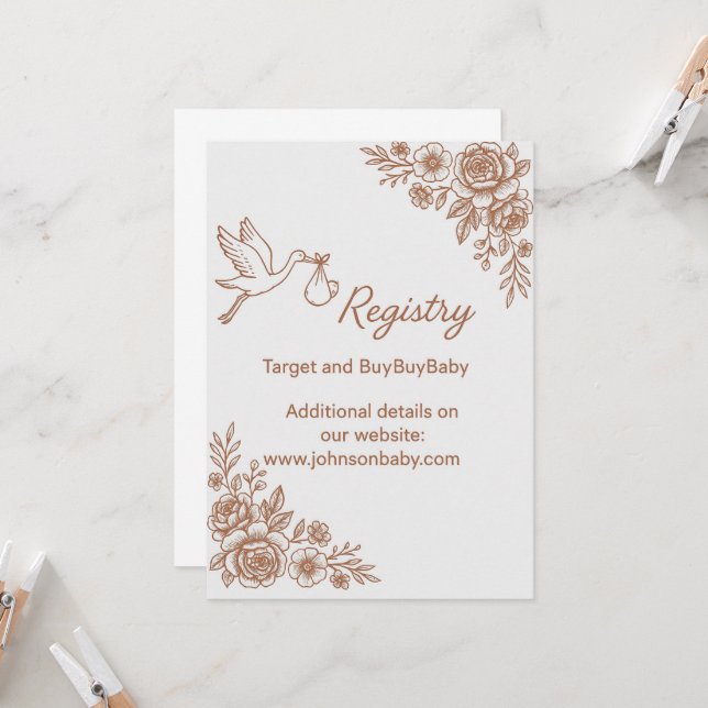 Whimsical Stork & Floral Rustic Registry Invitation (Front/Back In Situ)