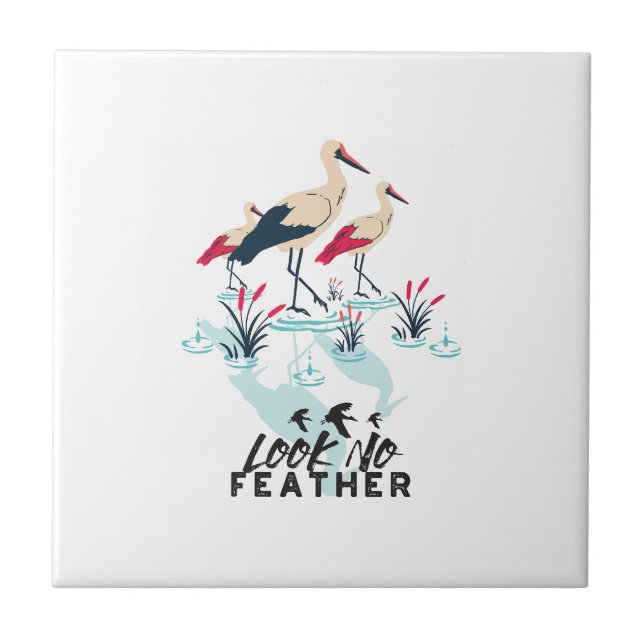 Whimsical Stork Pun Art - 'Look No Feather' Ceramic Tile (Front)