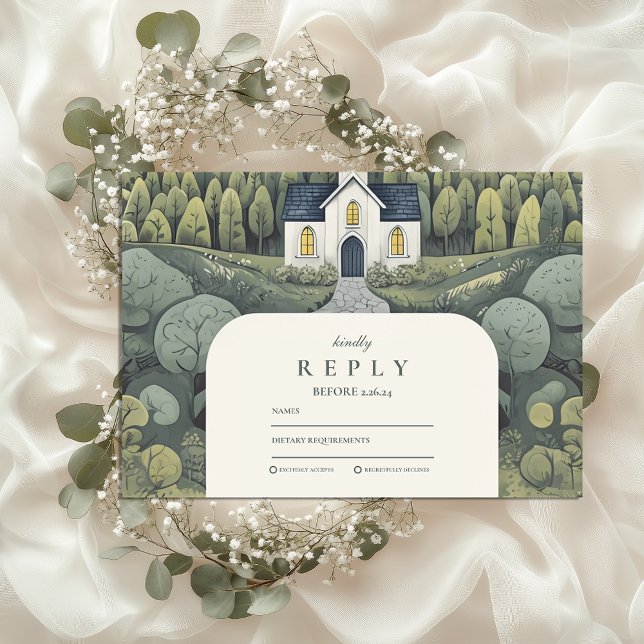 Whimsical Storybook Forest Chapel Wedding RSVP Card (Creator Uploaded)