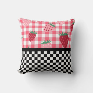 Whimsical Strawberries and Chequerboard Cushion
