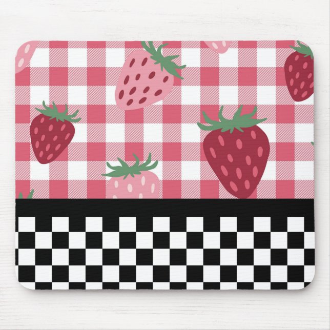 Whimsical Strawberries and Chequerboard  Mouse Pad (Front)