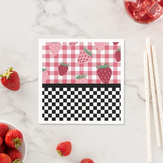 Whimsical Strawberries and Chequerboard   Napkin (Insitu)