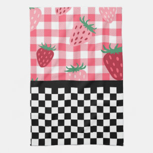 Whimsical Strawberries and Chequerboard  Tea Towel
