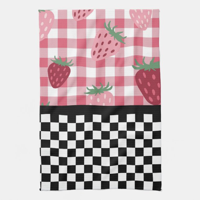 Whimsical Strawberries and Chequerboard  Tea Towel (Vertical)