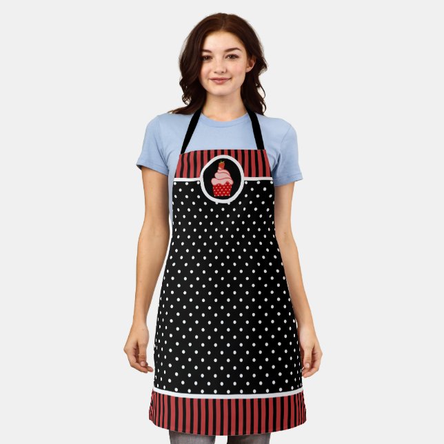 Whimsical Strawberry Cupcake Baker Dot Stripe Apron (Worn)