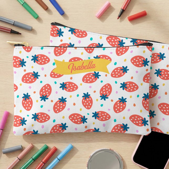 Whimsical Strawberry & Dots Personalised Pencil & Accessory Pouch (Strawberry and Polka Dot bright colorful personalized pencil pouch)