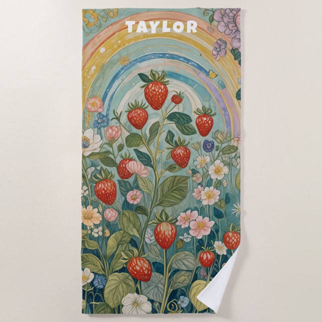 Whimsical Strawberry Patch Beach Towel (Front)