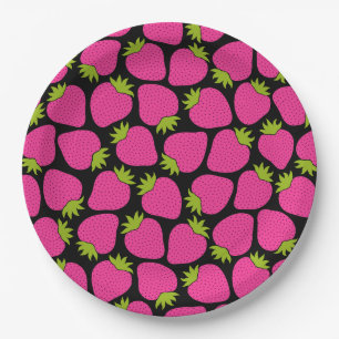 Whimsical Strawberry Pattern, Girly Pink Paper Plate