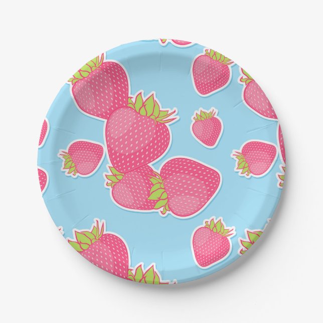Whimsical Strawberry Pattern on Blue Paper Plate (Front)