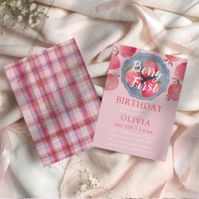 Whimsical Strawberry Pink 1st Birthday Watercolor  Invitation (Creator Uploaded)