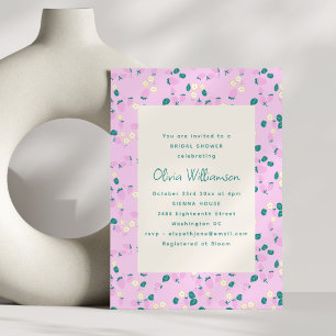 Whimsical Strawberry Pink Green Cute Bridal Shower Invitation