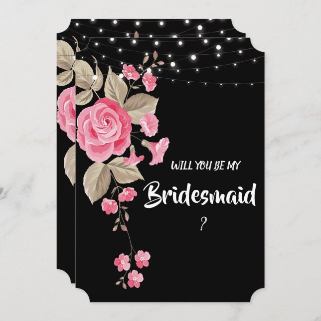 Whimsical String Lights Black   Bridesmaid Invitation (Front/Back)