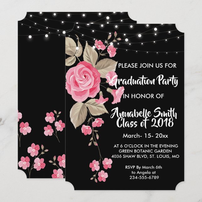 Whimsical String Lights Black Graduation Invitation (Front/Back)