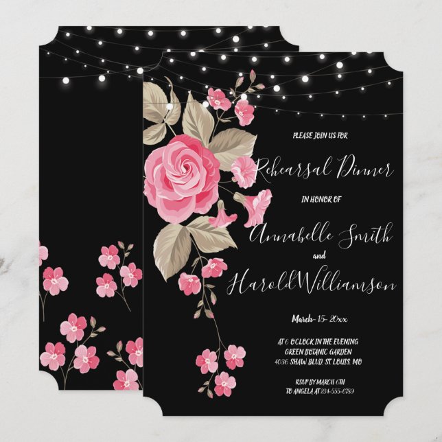 Whimsical String Lights Black Rehearsal Dinner Invitation (Front/Back)