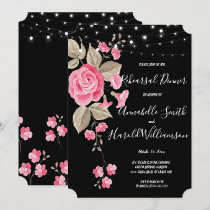 Whimsical String Lights Black Rehearsal Dinner Invitation