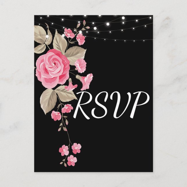 Whimsical String Lights Black RSVP Invitation Postcard (Front)