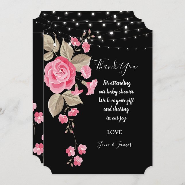 Whimsical String Lights Black thank you Invitation (Front/Back)