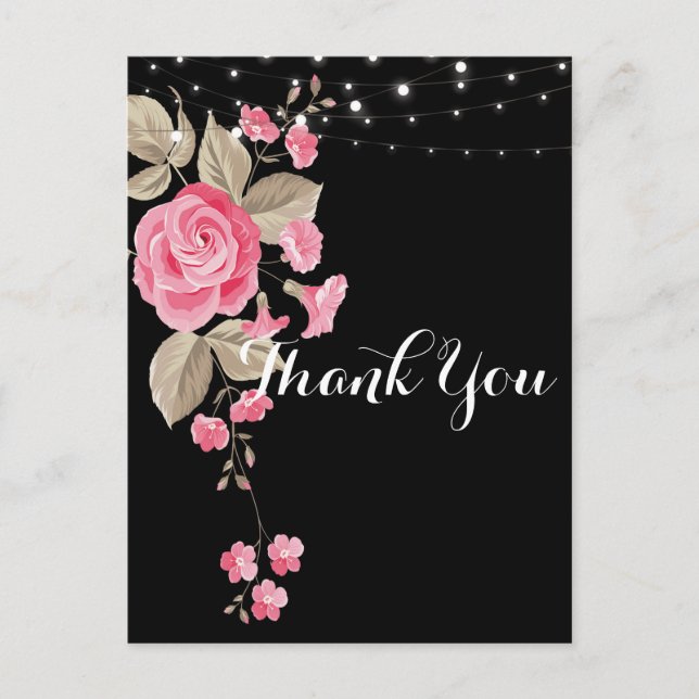 Whimsical String Lights Black Thank you Postcard (Front)