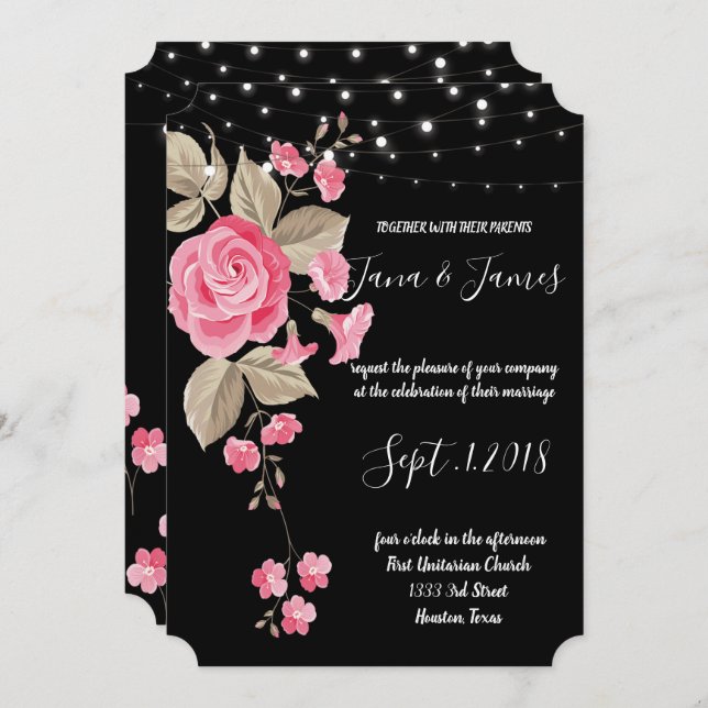 Whimsical String Lights Black wedding Invitation (Front/Back)