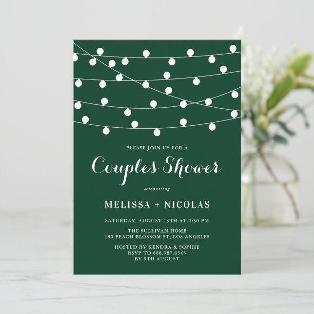 Whimsical String Lights Green Couples Shower Invitation (Standing Front)