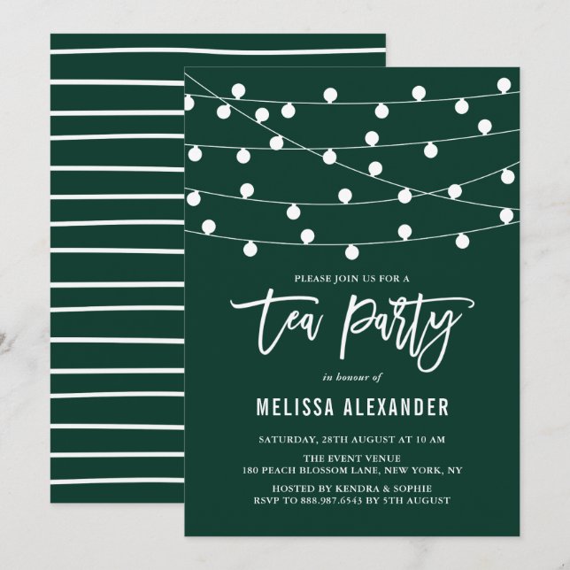 Whimsical String Lights Green Tea Party Invitation (Front/Back)
