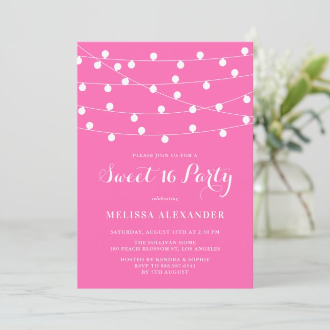 Whimsical String Lights Hot Pink Sweet 16 Party Invitation (Standing Front)
