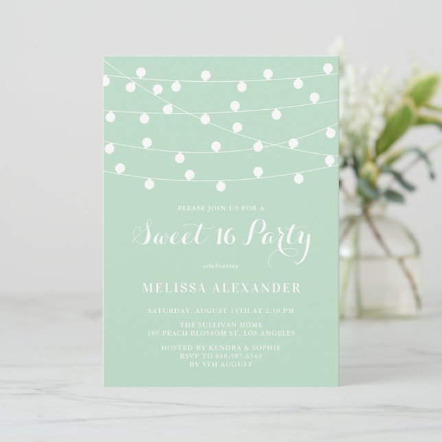 Whimsical String Lights Mint Green Sweet 16 Party Invitation (Standing Front)